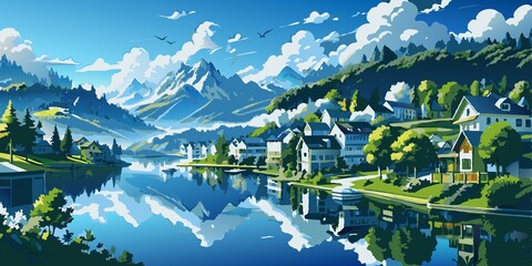 Wallpaper of mountain and city atmosphere on a sunny morning