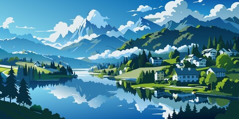 Wallpaper of mountain and city atmosphere on a sunny morning