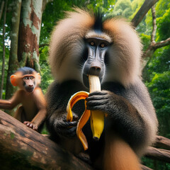 Canopy king monkey is sitting on a tree eating a banana with its baby sitting next to it.
