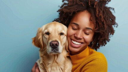 Young smiling happy cheerful owner woman with her best friend retriever wear casual clothes cuddle hug dog close eyes isolated on plain pastel light blue background studio