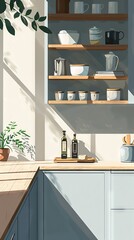 A serene illustration of a DIY kitchen storage unit, featuring built-in shelves and custom cabinetry. The design is minimalist and functional, with a focus on clean lines and practical storage
