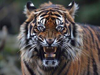 Fototapeta premium Fierce Tiger Baring Fangs in a Formidable Portrait