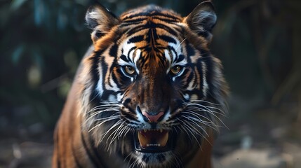 Fototapeta premium Fierce Tiger Baring Formidable Fangs in Closeup