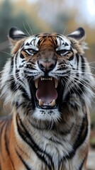 Fototapeta premium Fierce Tiger Baring Its Fangs in a Closeup Portrait