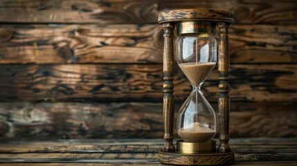Antique hourglass on a wooden backdrop