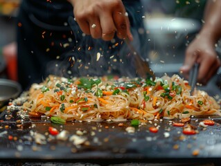 A close-up shot of a street vendor preparing pad Thai at a bustling night market in Bangkok. The...