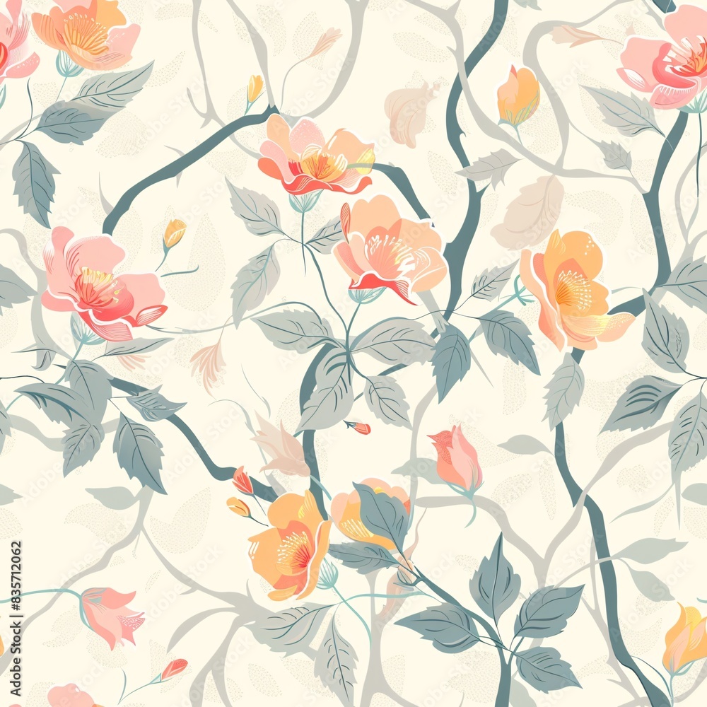 Poster a seamless pattern of different types of flora, harmoniously intertwined with vines and petals for a