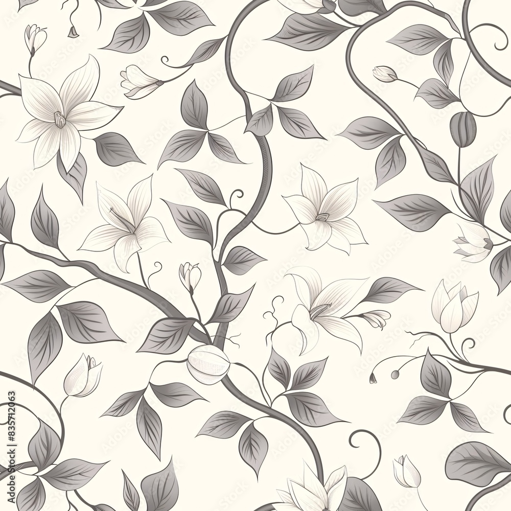 Poster a seamless pattern of different types of flora, harmoniously intertwined with vines and petals for a
