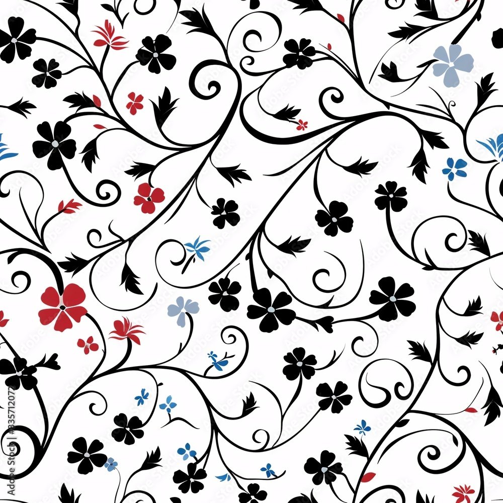 Poster a seamless pattern of different types of flora, harmoniously intertwined with vines and petals for a