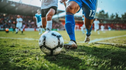 Fototapeta premium In a soccer game, a soccer player dribbles the ball, a soccer league, a World Cup,