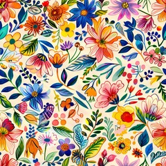 A colorful seamless pattern showcasing an assortment of floral elements like blossoms, buds, and foliage, artistically arranged for a repeating design
