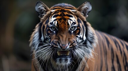 Naklejka premium Fierce Tiger Baring Its Fangs in a Formidable Portrait