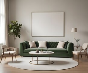 Frame mockup, ISO A paper size. Living room poster mockup. Modern interior design. Living room Interior mockup with house background. 3D render