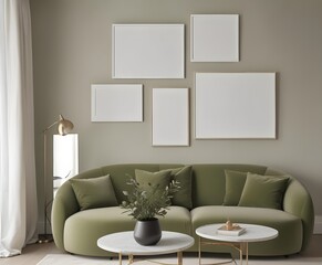 Frame mockup, ISO A paper size. Living room poster mockup. Modern interior design. Living room Interior mockup with house background. 3D render