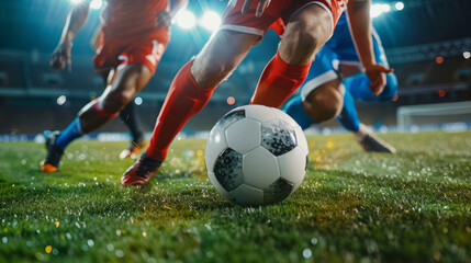 In a soccer game, a soccer player dribbles the ball, a soccer league, a World Cup,