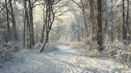 Fototapeta premium Stunning Winter and Spring Strolls Through the Forest with Whimsical Snow Patterns on Branches Stylish Winter Attire and Artistic Computer Enhanced Tones