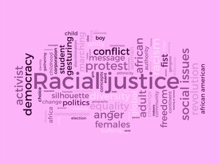 Racial justice word cloud template. Social issues concept vector tagcloud background.
