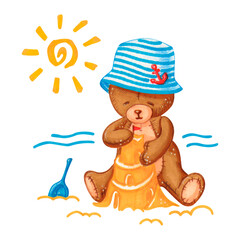 Toy bear in panama hat building sand castle, sitting on seashore under bright sun. Illustration of teddy bear resting on beach for design of postcards, tee shirts. Summer vacation concept.