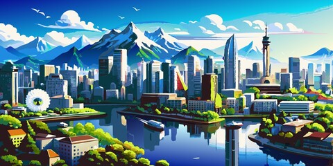 Wallpaper of mountain and city atmosphere on a sunny morning