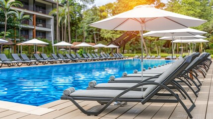 Fototapeta premium Beautiful blurred background of an empty swimming pool with water ripples in sunlight, luxury hotel spa and summer vacation concept
