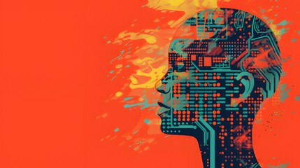 Technology background of chips and human head with color splash