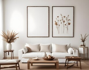 Frame mockup, ISO A paper size. Living room poster mockup. Modern interior design. Living room Interior mockup with house background. 3D render