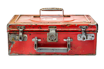 Red metal tool box with handle and locks 