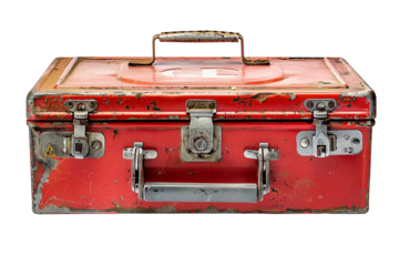 Red metal tool box with handle and locks 