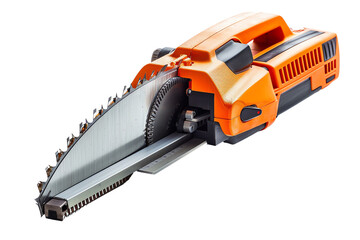 Fototapeta premium The image shows an electric chain saw. It is orange and black in color and has a long blade.