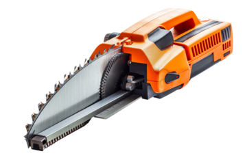 The image shows an electric chain saw. It is orange and black in color and has a long blade.