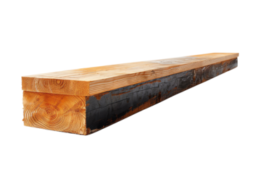 The photo shows a wooden beam with a rough-sawn texture and a dark stain