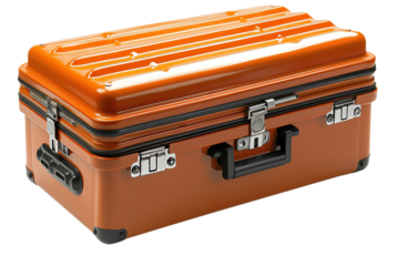 The photo shows a large, orange, hard-sided suitcase. The suitcase is made of metal and has a black handle and black latches.