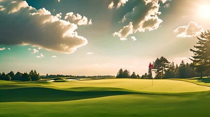 A Serene Golf Course Landscape at the Country Club. Sunlit Fairways with Lush Green Grass on a Perfect Summer Day