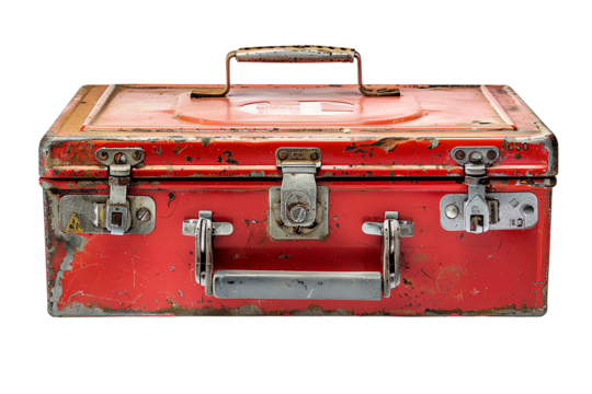 Red metal tool box with handle and locks 