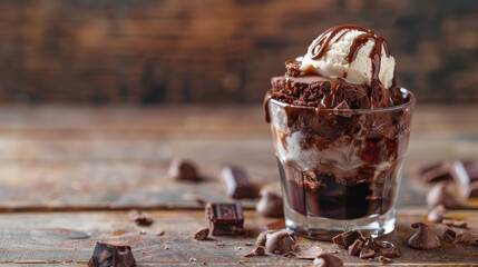 Brownie topped with vanilla ice cream and drizzled with chocolate lava sauce in a glass on a wooden table with space for text