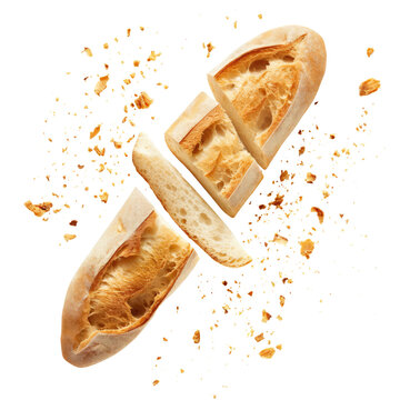 Baguette bread with falling crumbs isolated on transparent white background, clipping path
