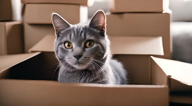 Close-Up of a Grey Kitten's Tranquil Moment in a Cozy Cardboard Hideout, Celebrating the Cherished Friendship of a Furry Best Friend at Home