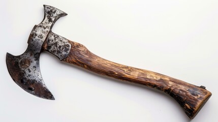 Medieval Antique Ax with Wooden Handle on White Background