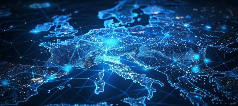 Fototapeta Blue digital map of Europe network map. Information wireless data technology. Generative AI technology.  