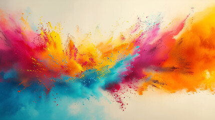  Colorful powder explosion on white background, vibrant hues blending together in a dynamic display of energy and excitement.