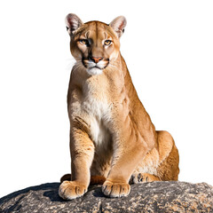 Regal mountain lion Puma concolor perched on rock powerful muscular form intense gaze Animal...