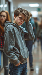 Fototapeta premium A young boy standing in the hallway of his school, crying and holding his head with one hand as other students walk by, with the background blurred to emphasize the boy.