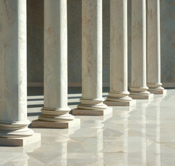 Fototapeta premium A row of white marble pillars in an architectural setting, symbolizing the elements of justice and law, set against a plain background to highlight the pillars.