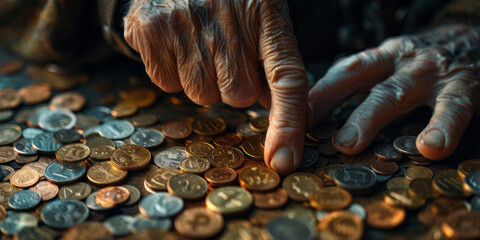 An elderly person's hand pointing at coins scattered on the table, depicting financial skill and wisdom.