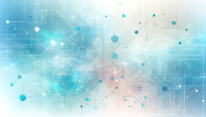 Obraz premium Abstract technological background 18 in light blue and pink tones with superimposed geometric shapes, lines, dots; for design and presentations