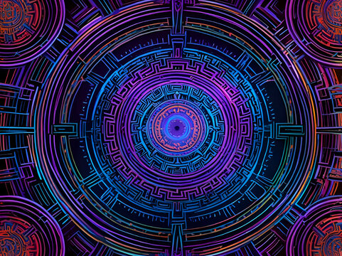 abstract Gradient neon violet, orange colors cicle maze