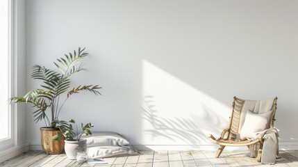 Relaxing minimalist serene interiors with minimal furniture, natural window lighting and zen inspired.