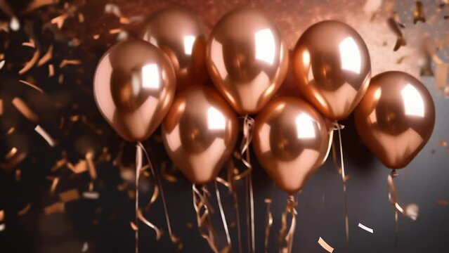 A cluster of elegant bronze balloons floating amidst a burst of confetti. The glossy balloons in various shades of bronze create a festive and joyful atmosphere, perfect for celebrations and parties.
