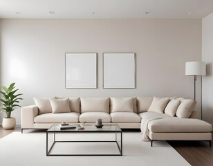 Frame mockup, ISO A paper size. Living room poster mockup. Modern interior design. Living room Interior mockup with house background. 3D render