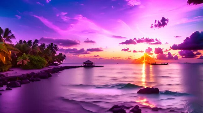 A Captivating Time-Lapse of Romantic Passion on Tomia Island, Wakatobi National Park, Indonesia, Amidst a Tropical Beach and Sea, with a Colorful Dramatic Sky at Dusk
